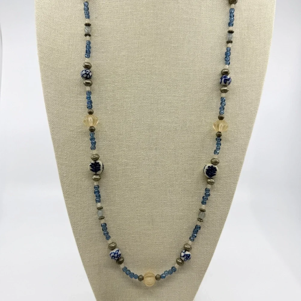 Blue White Porcelain Floral Bead Necklace Carved Acrylic Boho Statement Gift